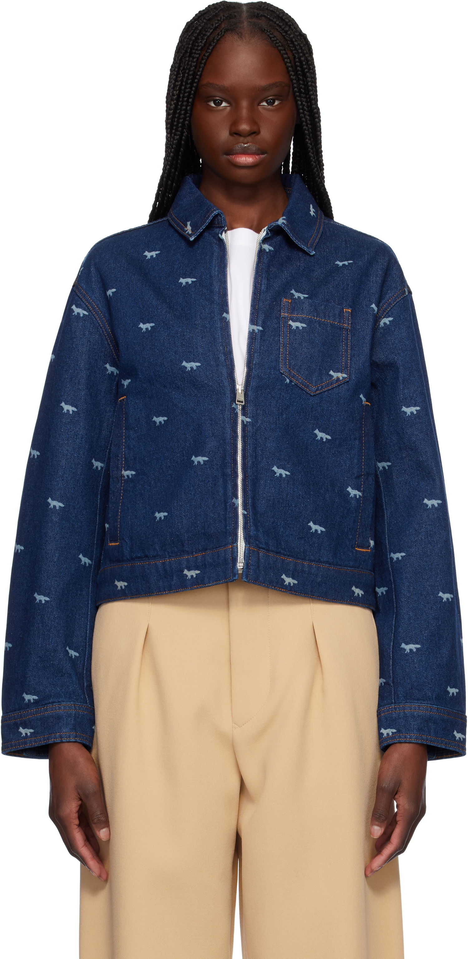 Bomber bunda MAISON KITSUNÉ Maison Kitsuné Zipped Cropped Denim Jacket Modrá | OW02104WD4014, 0