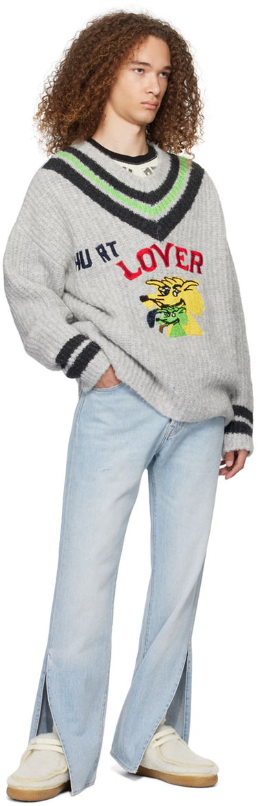 Sveter ERL 'Hurt Lover' Graphic V-Neck Sweater Šedá | ERL07N004, 3
