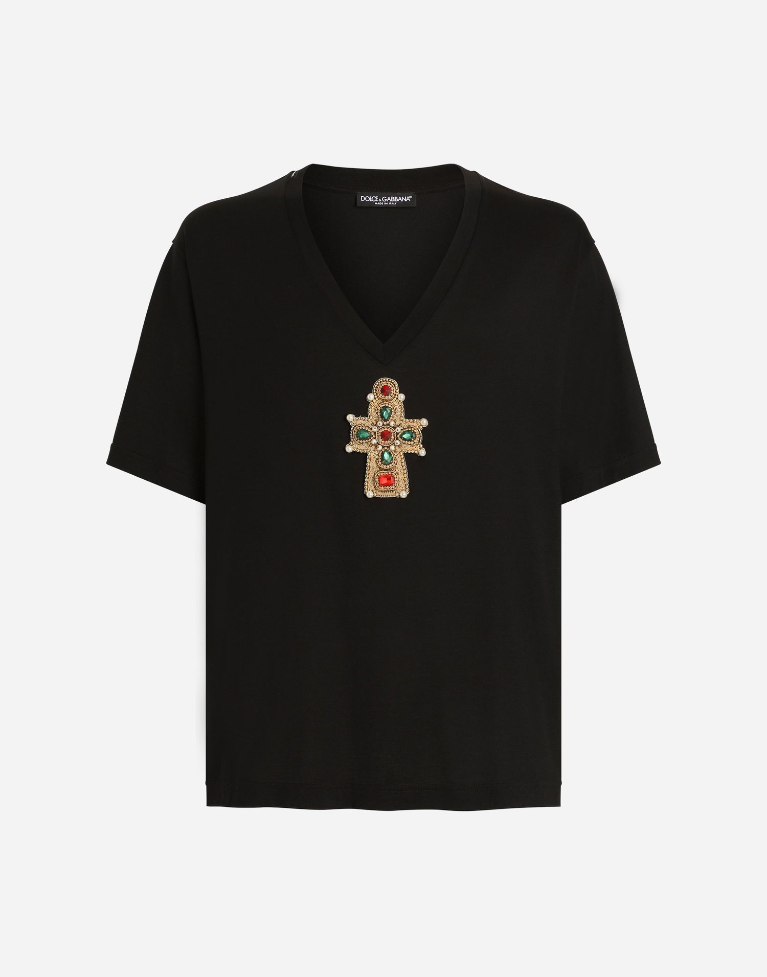 Tričko Dolce & Gabbana Cotton V-Neck T-Shirt With Jeweled Cross Patch Čierna | G8QL3ZG7O4IN0000, 0