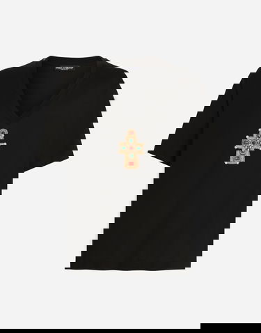 Tričko Dolce & Gabbana Cotton V-Neck T-Shirt With Jeweled Cross Patch Čierna | G8QL3ZG7O4IN0000, 0