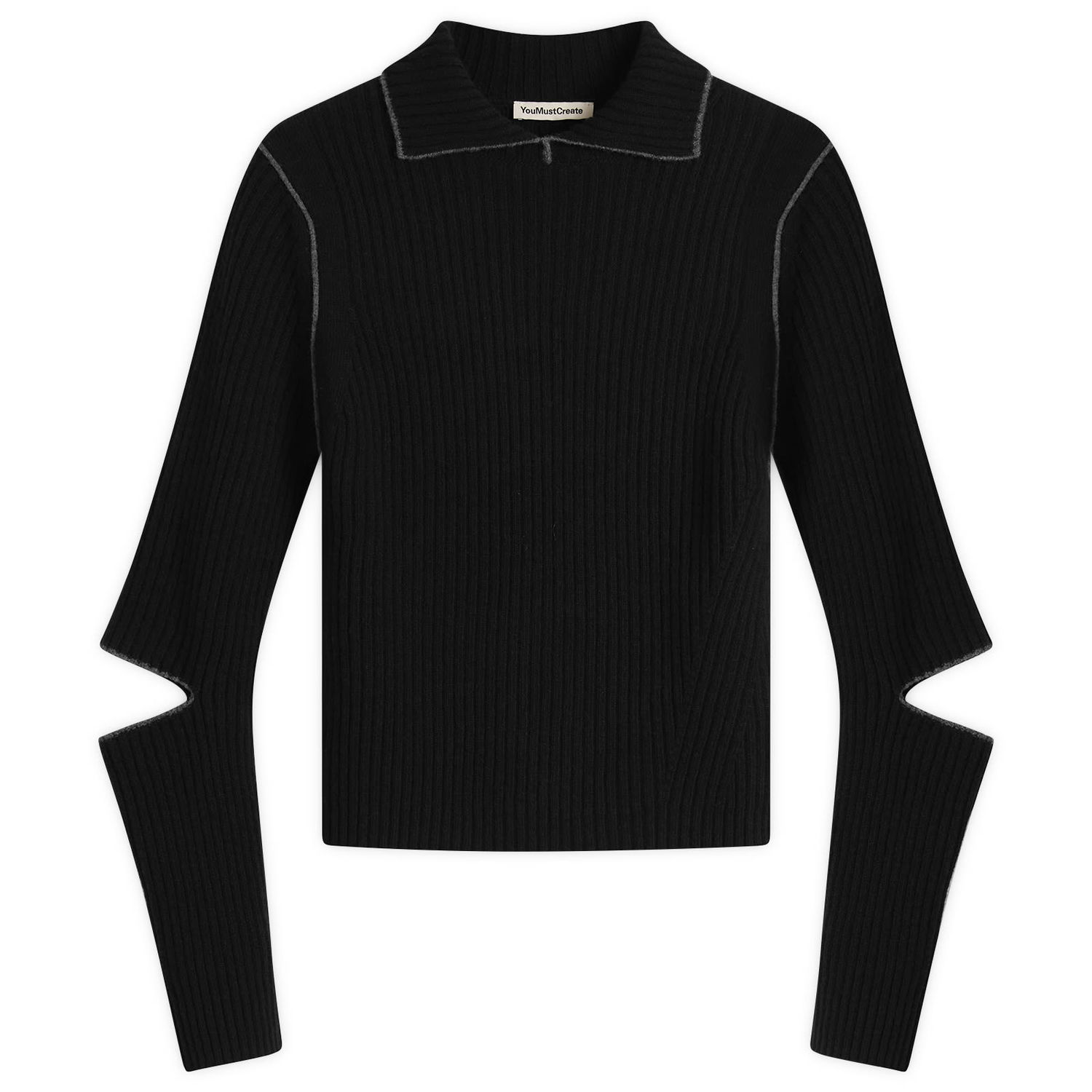Sveter YMC Peeka Ribbed Knit Top with Collar and Cut-Out Sleeves Čierna | Q8ZML-BLK, 1