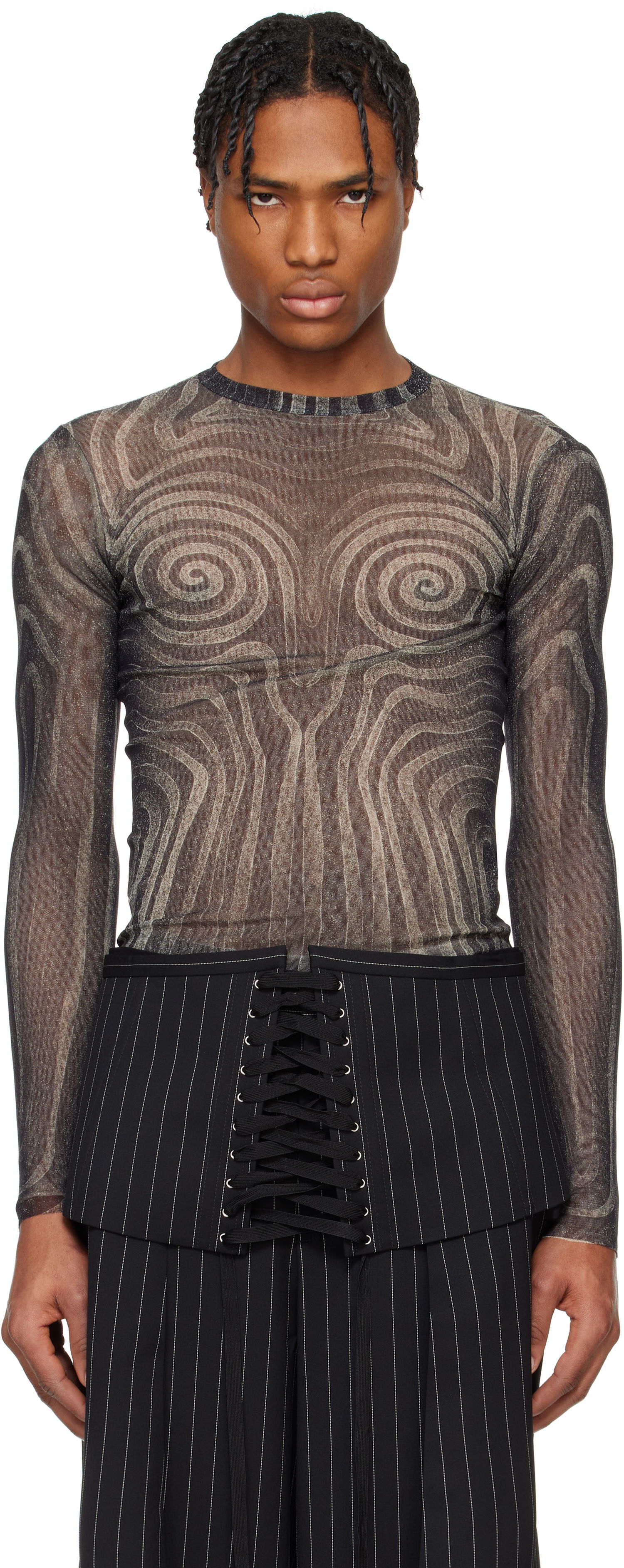 Sveter Jean Paul Gaultier Jean Paul Gaultier 'The Spirale' Sheer Long Sleeve T-Shirt Čierna | 25/34-F-TO270-T587-000203, 0