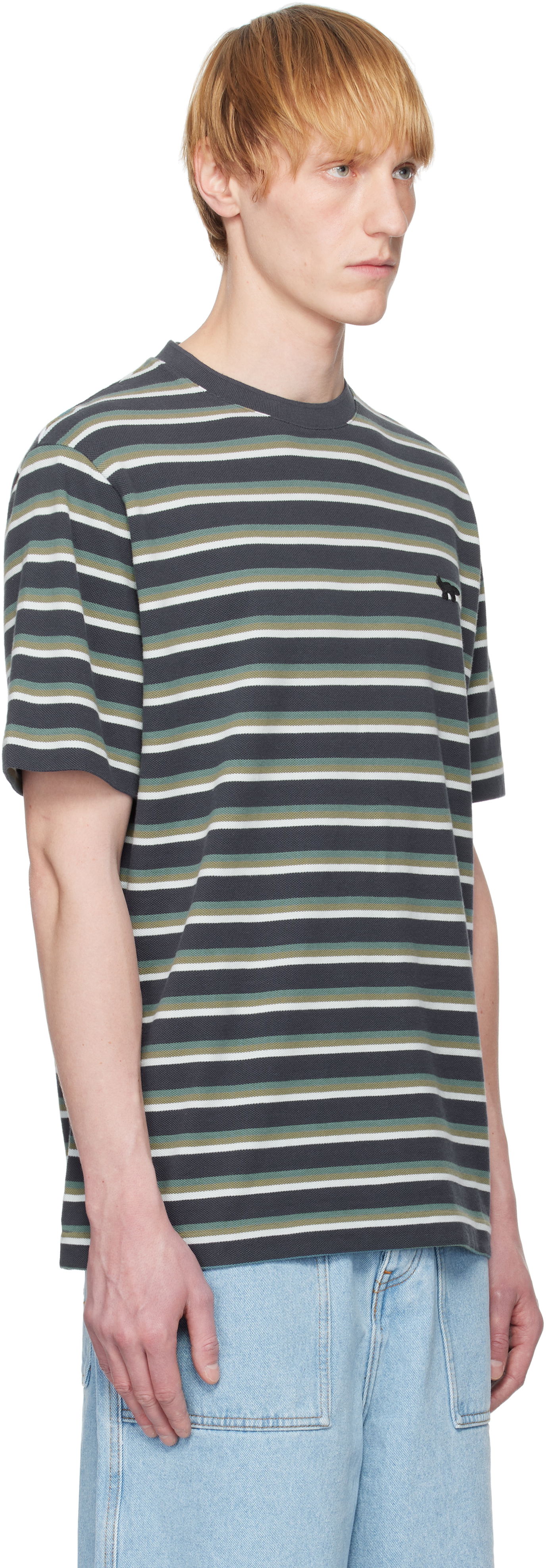 Tričko MAISON KITSUNÉ Kitsuné Profile Fox Patch Striped T-Shirt Šedá | OM00103KJ7010, 1