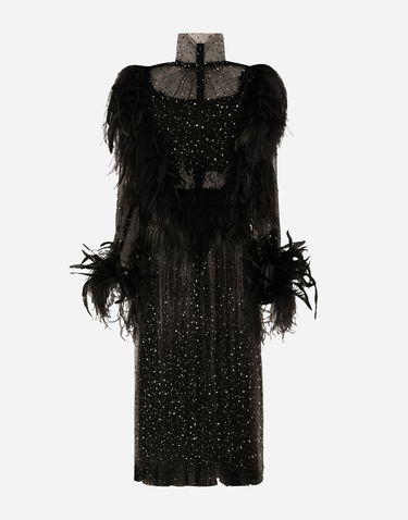 Šaty Dolce & Gabbana Calf-length Tulle Dress With Rhinestones And Feather Embellishment Čierna | F6JNQTFLSK6S0998, 1