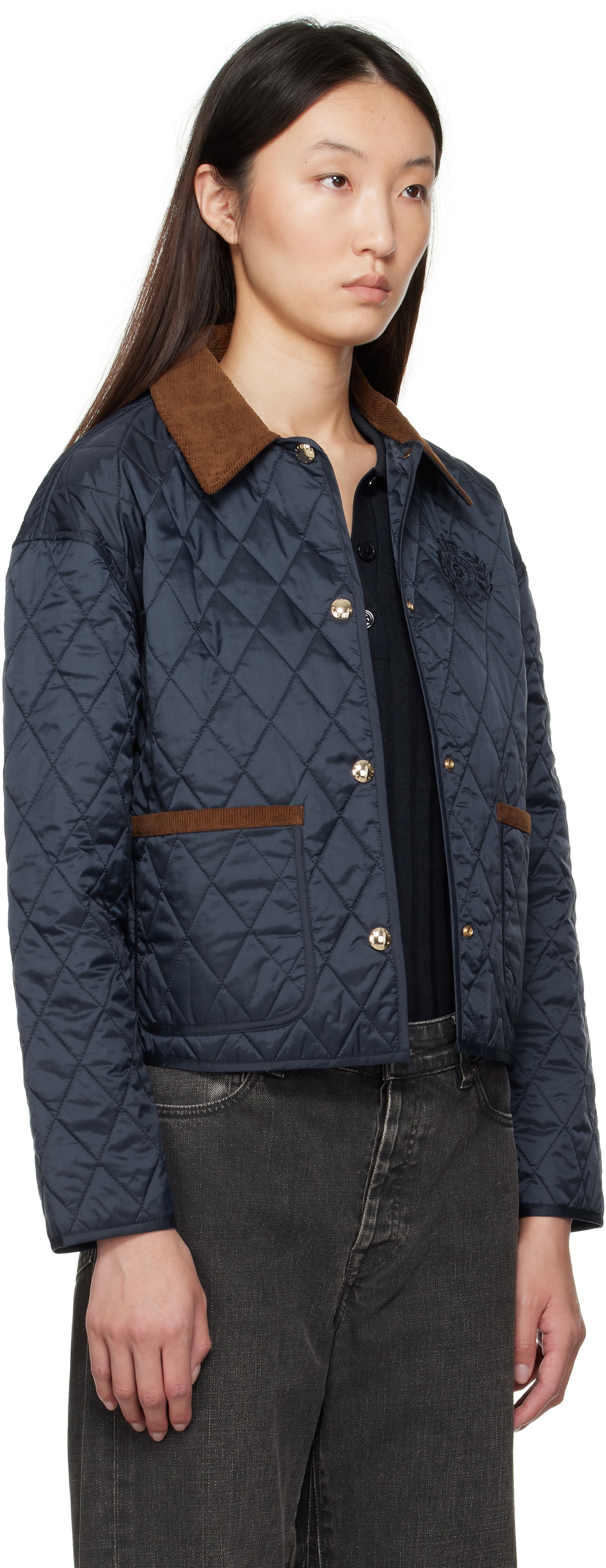 Bunda Sporty & Rich Sporty & Rich H&W Crest Cropped Quilted Jacket Navy | OW027620241BL106, 1