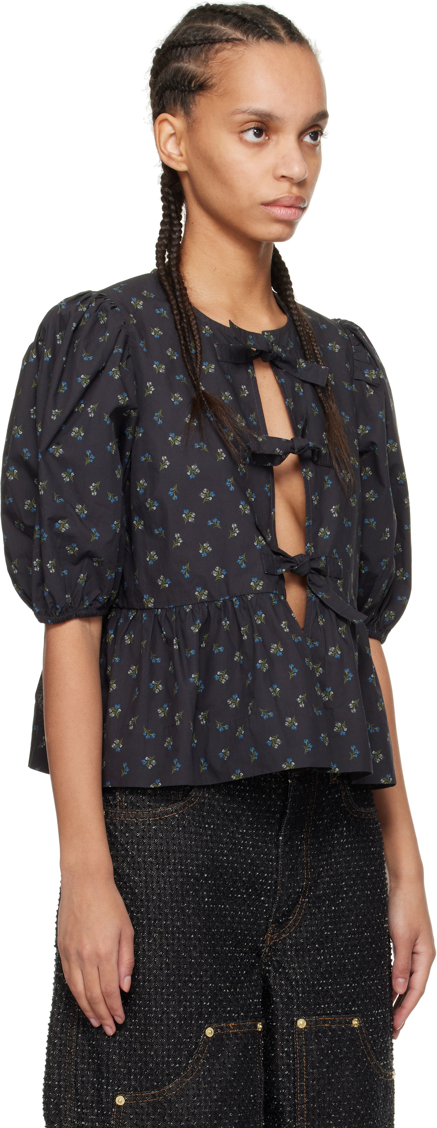 Košeľa GANNI GANNI Printed Cotton Peplum Blouse Čierna | W0152, 1