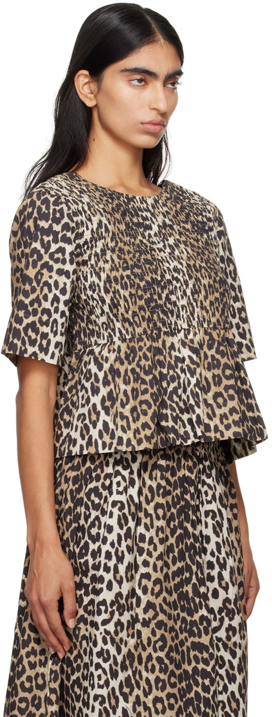 Tričko GANNI GANNI Smocked Leopard Print Blouse Béžová | W0205, 1