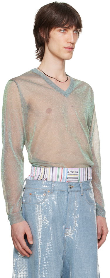 Sveter ERL Metallic Long Sleeve V-Neck T-Shirt Ružová | ERL08N353, 4