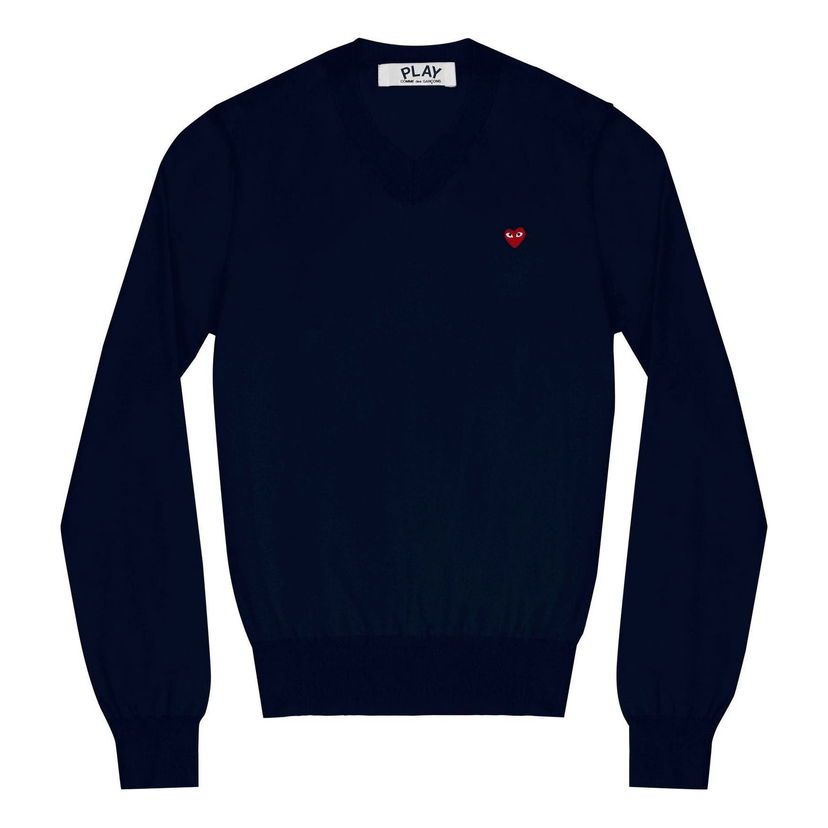 Sveter COMME des GARÇONS COMME des GARCONS PLAY Long Sleeve V-Neck Sweater with Red Heart Emblem Navy | AZ-N051-051-2