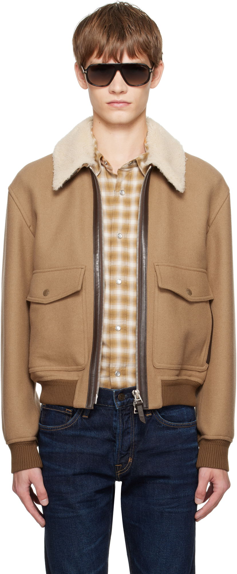 Bomber bunda Tom Ford TOM FORD Double Splittable Shearling Collar Bomber Jacket Hnedá | OBH002-FMW058