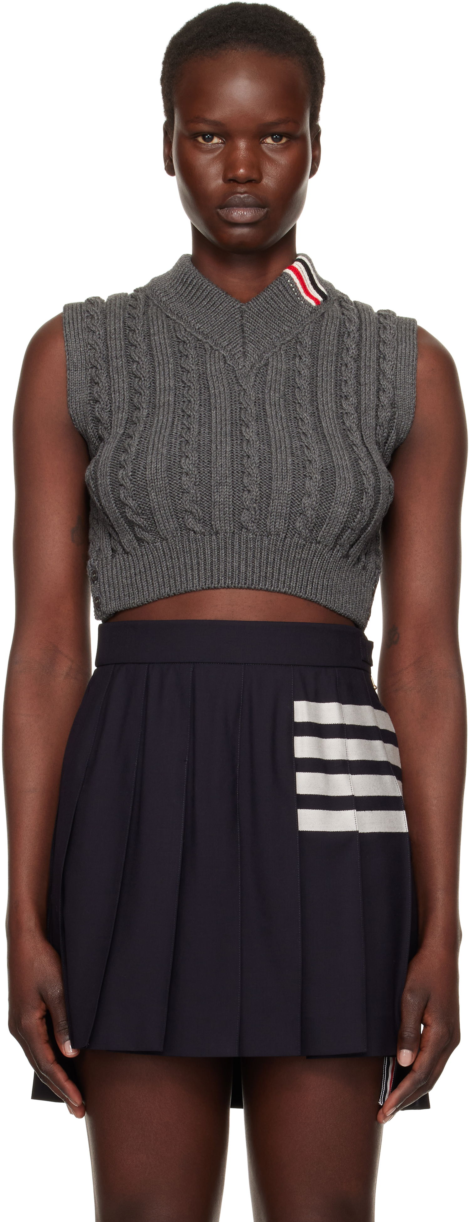 Sukňa Thom Browne Cable Cropped V-Neck Vest Modrá | FKV202A-Y1024, 0