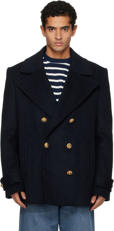 Kabáty Balmain Short Striped Wool Pea Coat Navy | FH0UA155WC87, 0