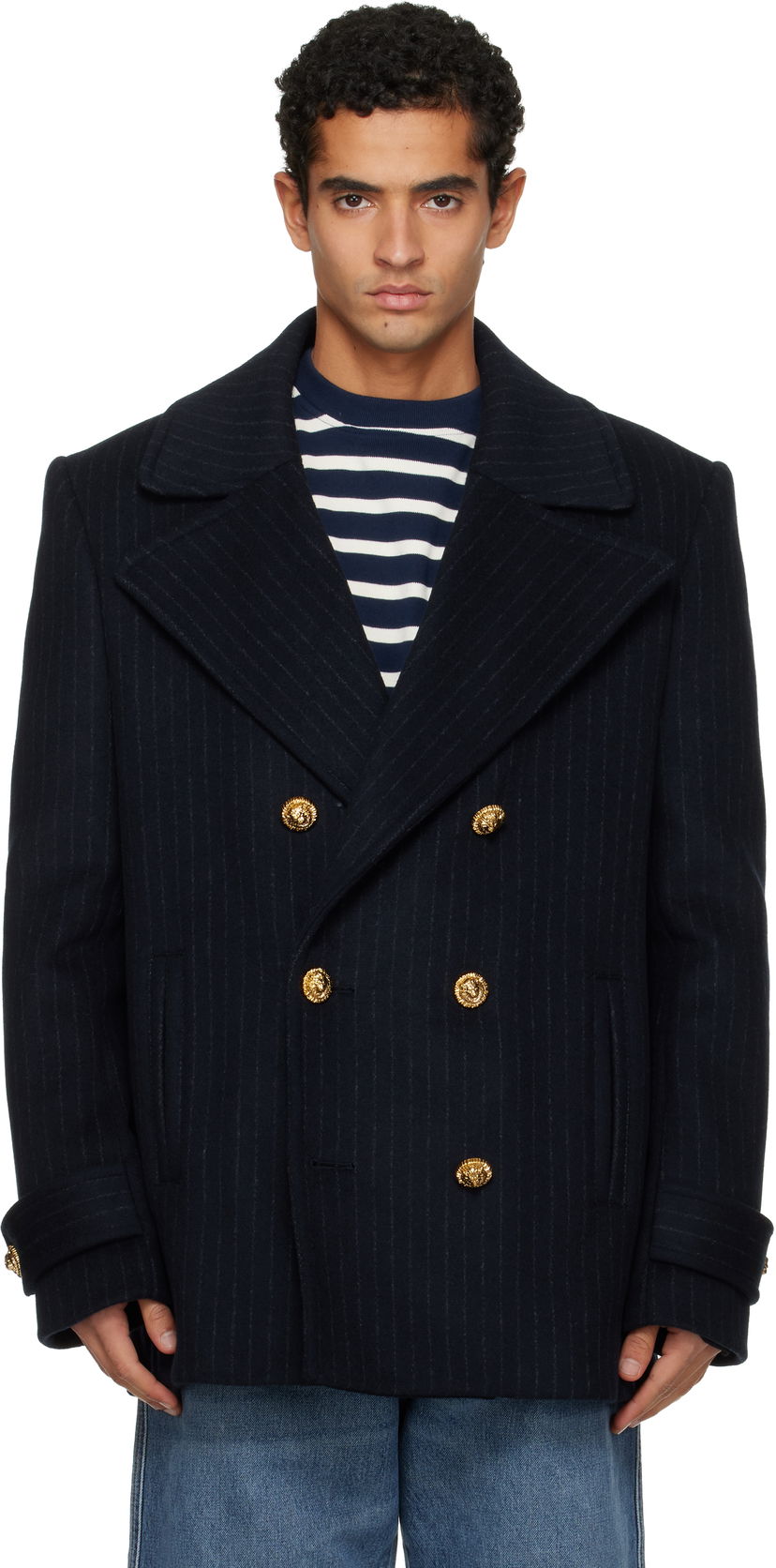 Kabáty Balmain Short Striped Wool Pea Coat Navy | FH0UA155WC87