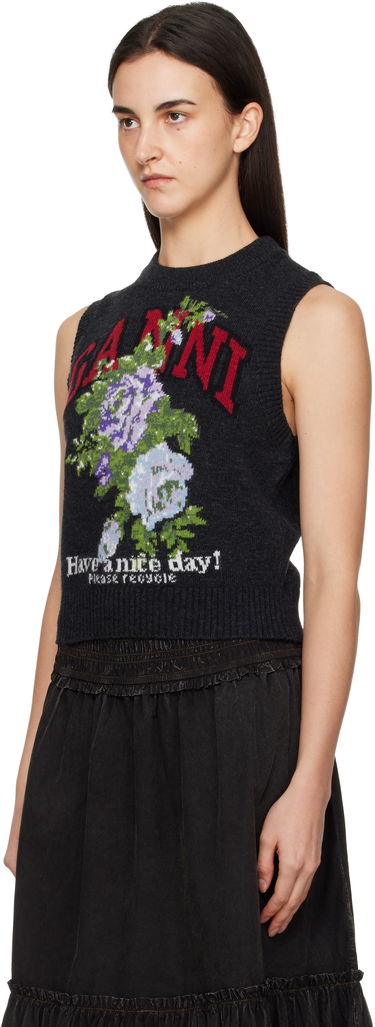 Vesta GANNI Rose Floral Knit 'Have a nice day!' Wool Vest Šedá | K2596, 3