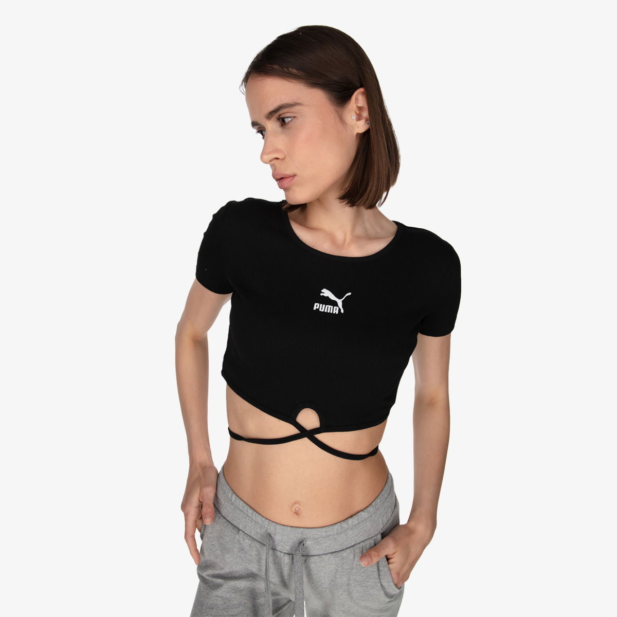 Crop Top Puma Classics Ribbed Cropped Short Sleeve Tie-Front Top Čierna | 533450-01, 0