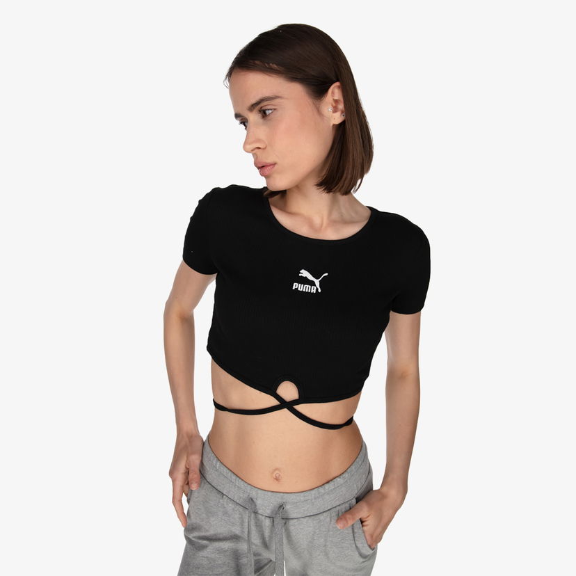 Crop Top Puma Classics Ribbed Cropped Short Sleeve Tie-Front Top Čierna | 533450-01