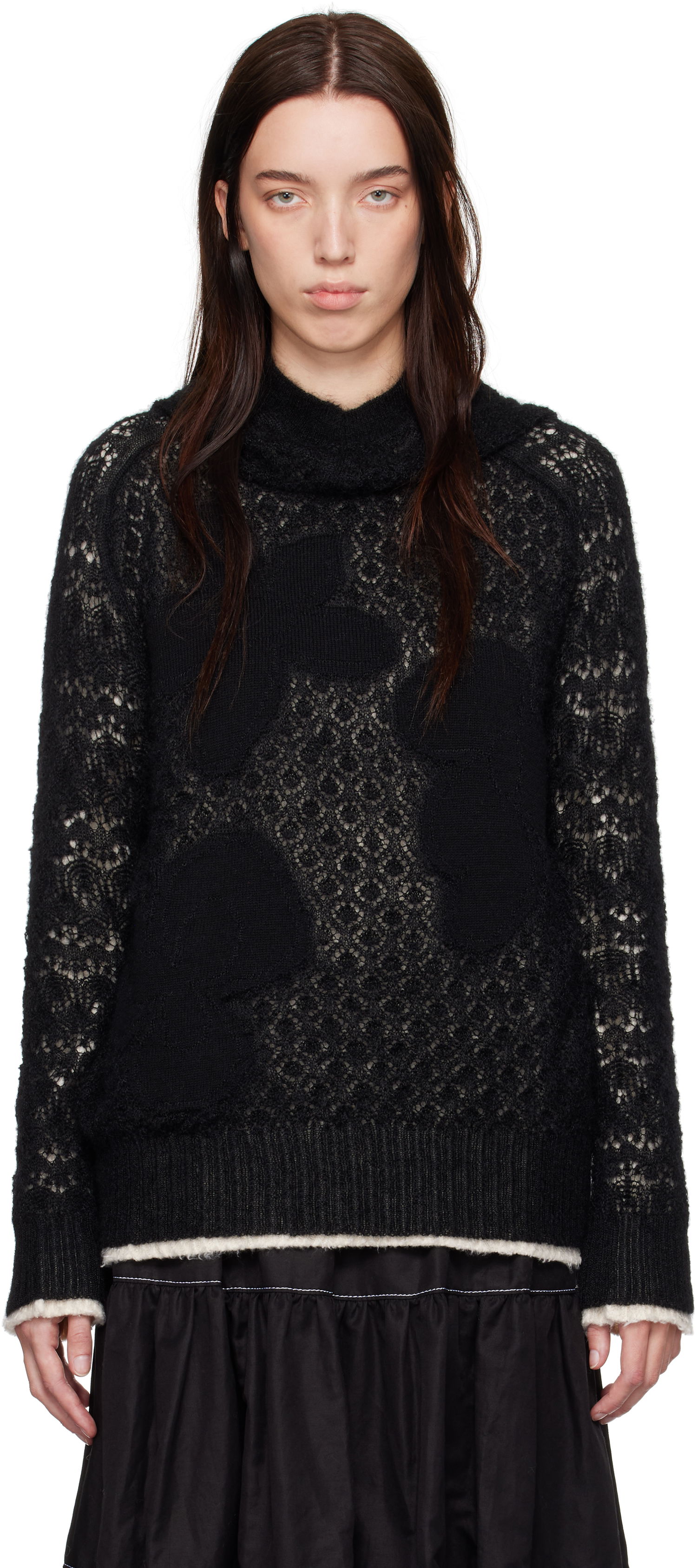 Sveter Comme des Garçons Comme Des Garçons Wool Lace Pattern Intarsia Hoodie Čierna | TN-N024-051, 0