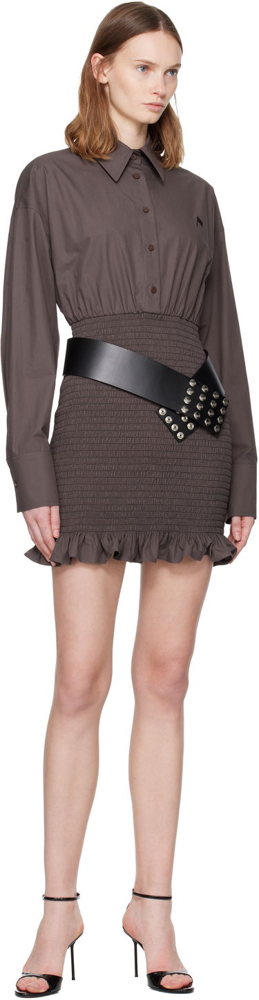 Šaty The Attico The Attico Long-Sleeve Poplin Collared Shirred Ruffled Mini Dress Hnedá | 251WCA00450 CCC052AA, 4