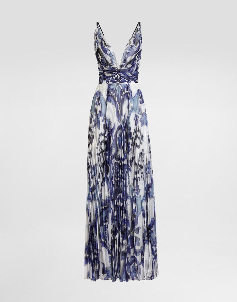 Šaty Dolce & Gabbana Dolce & Gabbana Majolica-Print Pleated Chiffon Dress Modrá | I6KH6WFSSK7HX3TN