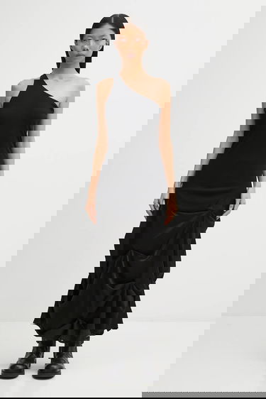 Sukňa GANNI Fluid Satin Jacquard Tuck Detail Long Midi Skirt Čierna | W0997, 4