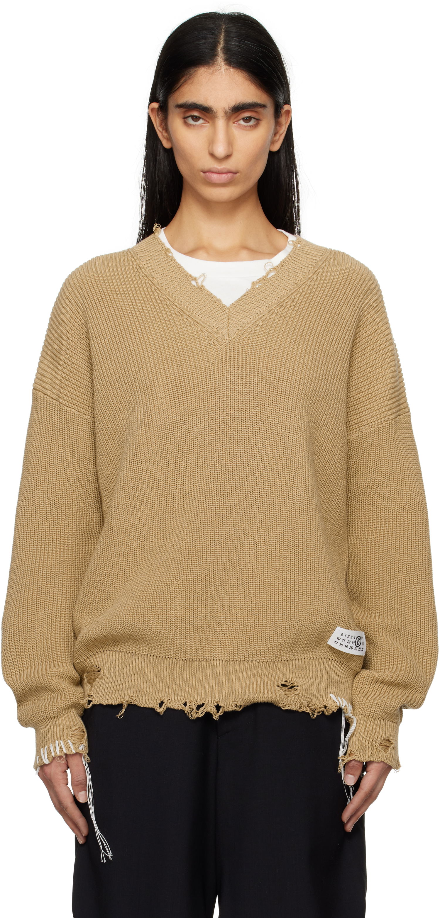 Sveter Maison Margiela MM6 Maison Margiela Eaten Knit V-Neck Sweater Béžová | SH0HN0001 M13089, 0