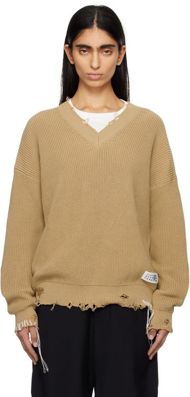 Sveter Maison Margiela MM6 Maison Margiela Eaten Knit V-Neck Sweater Béžová | SH0HN0001 M13089, 0