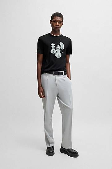 Tričko BOSS HUGO Cotton-Jersey T-Shirt with Chess Print Čierna | 50532918, 1
