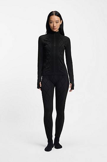 Sveter BOSS Ski zip-neck base-layer top with diamond pattern knit and thumbholes Čierna | 50544394, 1