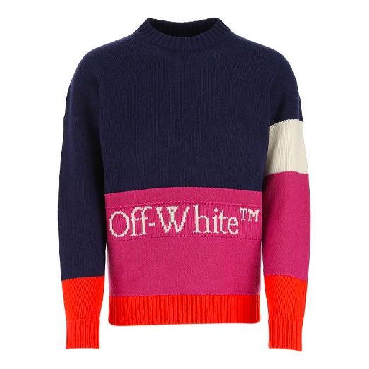 Sveter Off-White Colorblock Logo Round Neck Sweater Modrá | OMHE048R21KNI0014972
