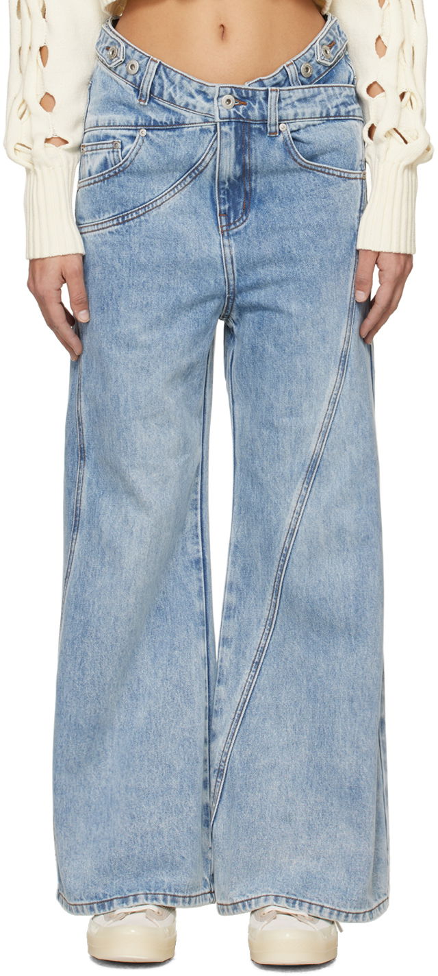 Džínsy Feng Chen Wang Feng Chen Wang Cross Waistband Wide Leg Jeans Modrá | FUS17TR02B, 0