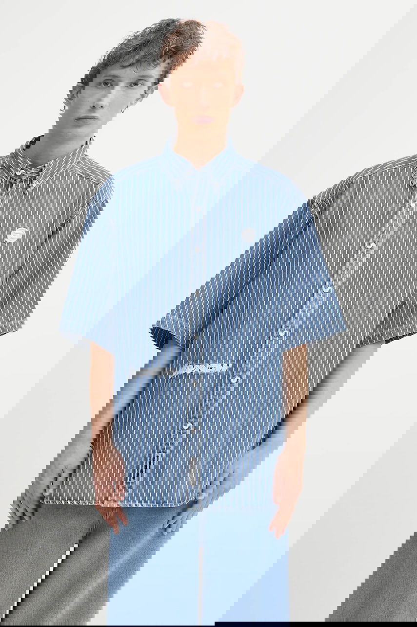 Košeľa AAPE by A Bathing Ape Relaxed Fit Short-Sleeved Striped Denim Button-Down Shirt Modrá | AAPSRM8515XAO, 0