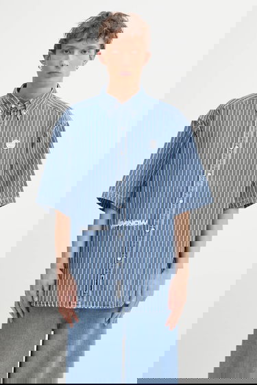 Košeľa AAPE by A Bathing Ape Relaxed Fit Short-Sleeved Striped Denim Button-Down Shirt Modrá | AAPSRM8515XAO, 0