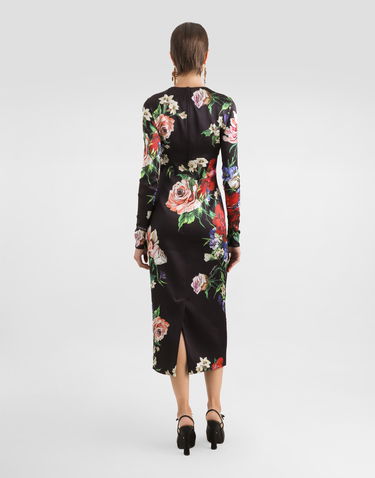 Šaty Dolce & Gabbana Dolce & Gabbana Floral Print Satin Calf-Length Dress Čierna | F6TRQTFSIB5HN5PR, 2