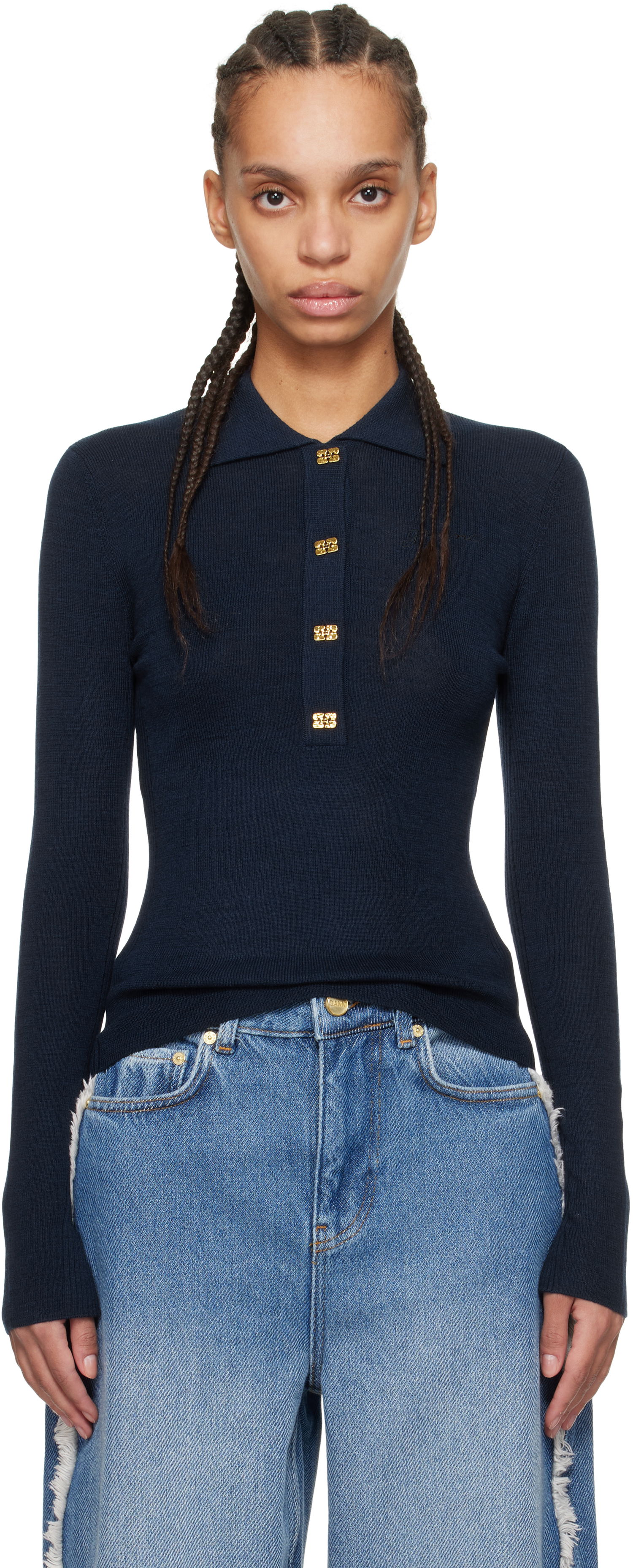 Sveter GANNI Ganni Merino Ribbed Long Sleeve Polo Navy | K2351, 0