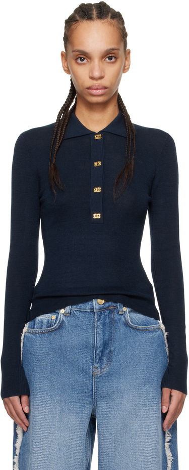 Sveter GANNI Ganni Merino Ribbed Long Sleeve Polo Navy | K2351, 0
