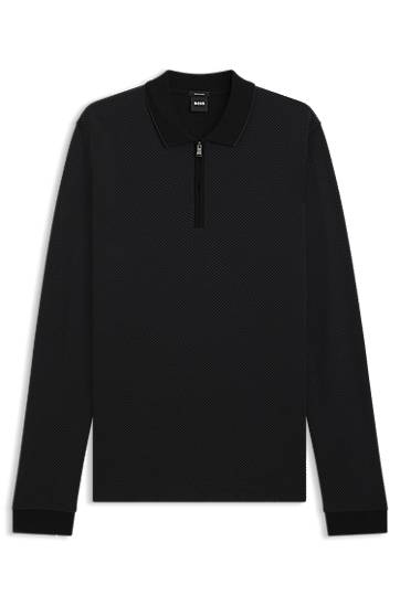 Polo tričko BOSS Mercerised-cotton long-sleeve quarter-zip polo shirt with two-tone structure Čierna | 50549583, 0