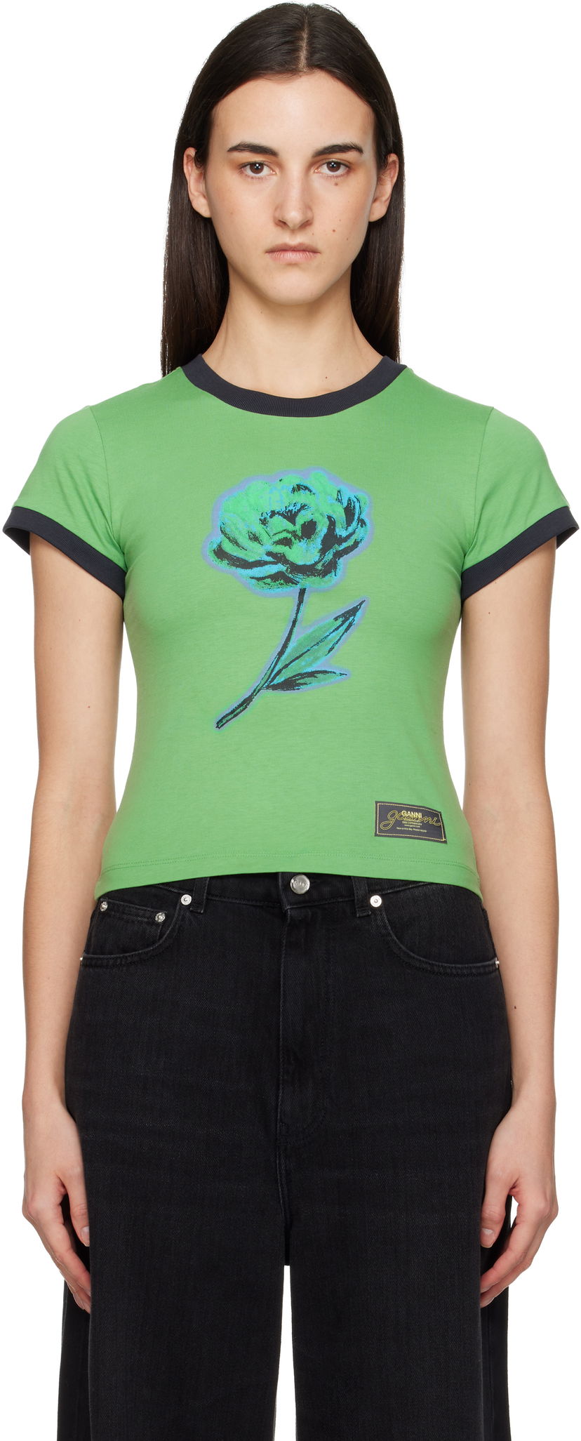 Tričko GANNI Basic Cotton Jersey Peony Baby Fit T-shirt Zelené | T4227