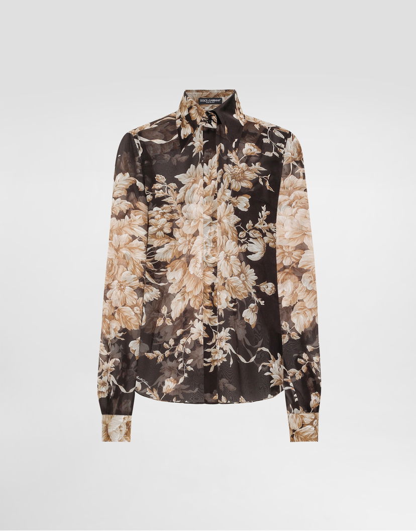 Košeľa Dolce & Gabbana Dolce & Gabbana Rose-Print Chiffon Shirt Hnedá | F5R64TIS1ZOHM4OX