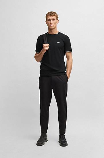 Tričko BOSS Stretch-Cotton T-Shirt with Stripes and BOSS Logo Čierna | 50521245, 1