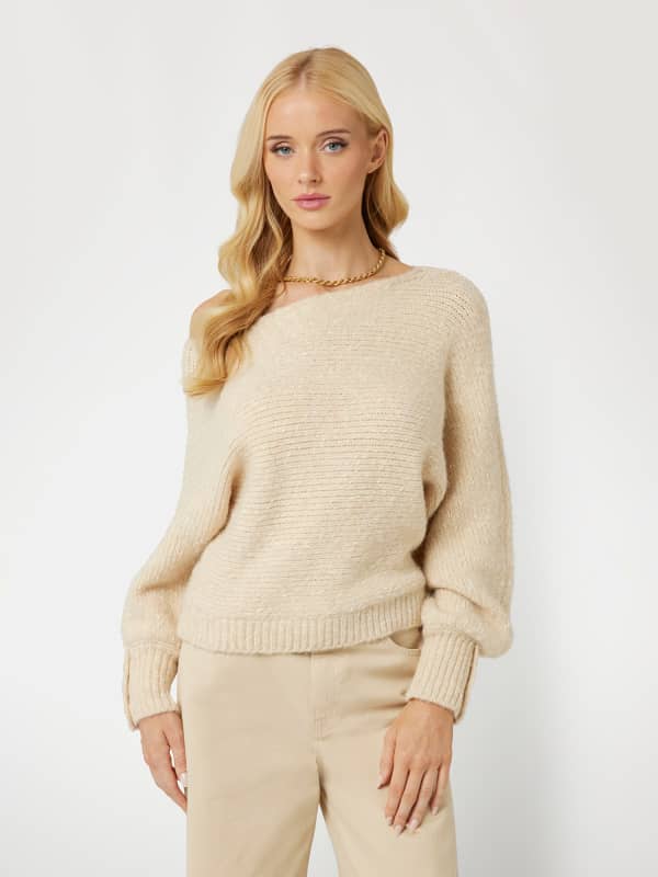 Sveter GUESS Off-Shoulder Wool Blend Sweater Béžová | W4BR67Z3JL0, 0