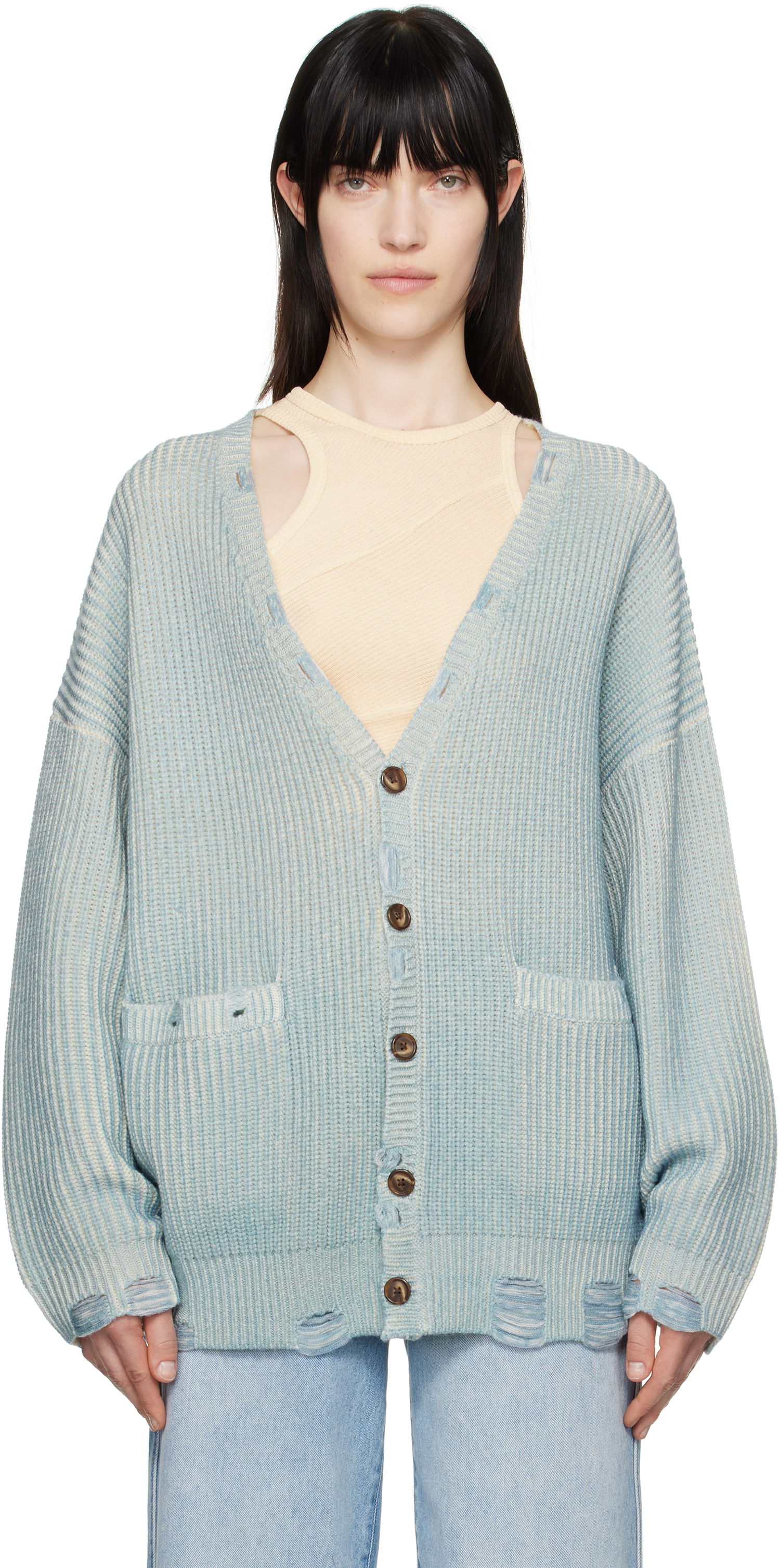 Sveter R13 R13 Oversized Distressed Knit Cardigan Modrá | R13WY198-Y183B, 0