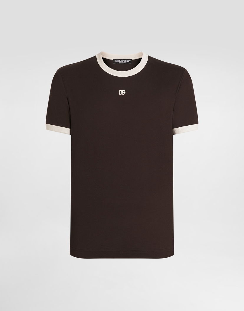 Tričko Dolce & Gabbana Cotton Ringer T-shirt with DG Embroidery Hnedá | G8PV1ZG7PJ4M1213