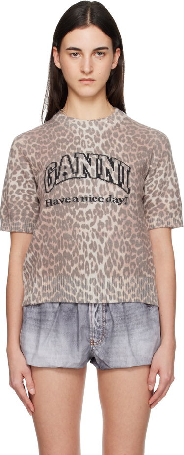Tričko GANNI GANNI Leopard Print Short-Sleeve Knit Graphic T-shirt Rôznofarebný | K2500, 0