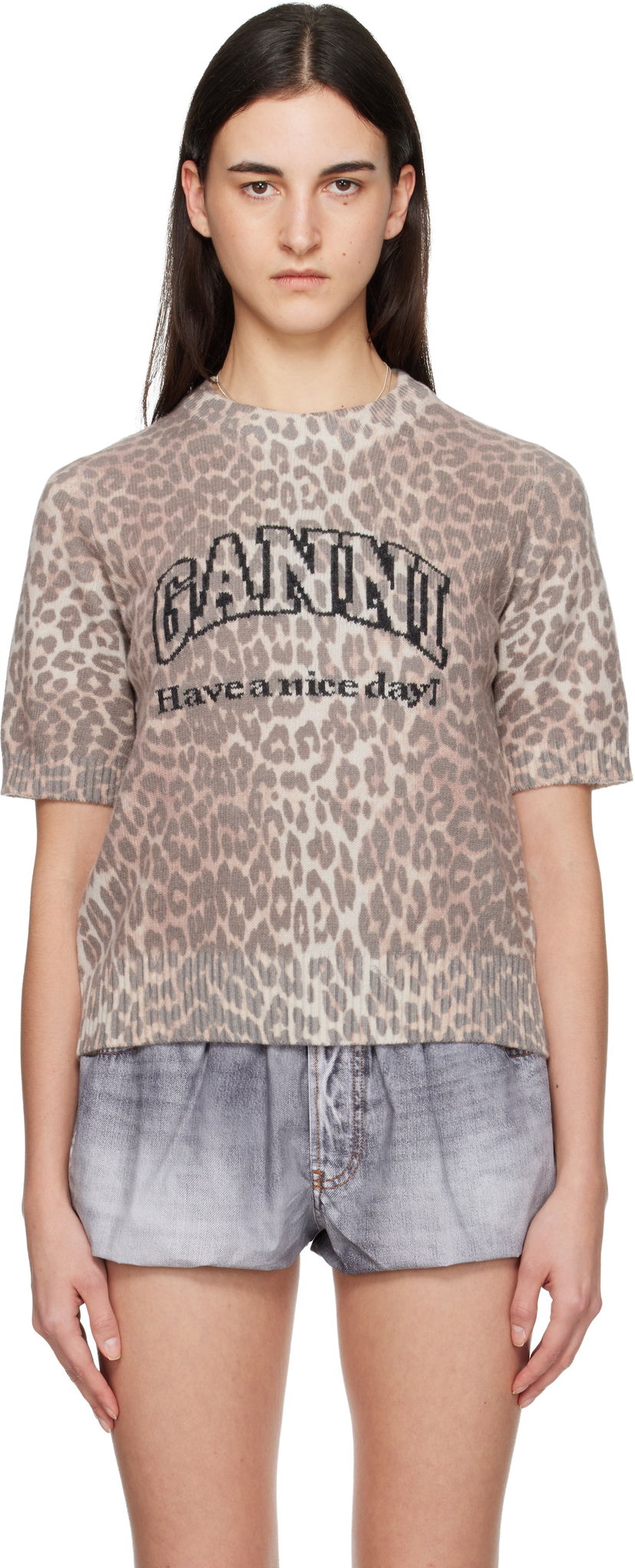 Tričko GANNI GANNI Leopard Print Short-Sleeve Knit Graphic T-shirt Rôznofarebný | K2500