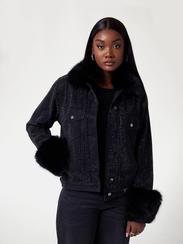 Bunda GUESS Faux Fur Trim Rhinestone Denim Jacket Čierna | W4BN48D5HM1, 0