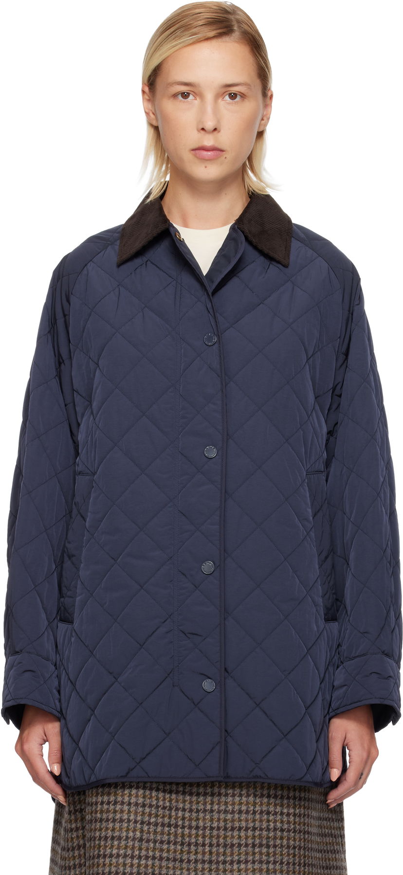Bunda Max Mara Pepato Quilted Jacket with Corduroy Collar Navy | 2525496102600
