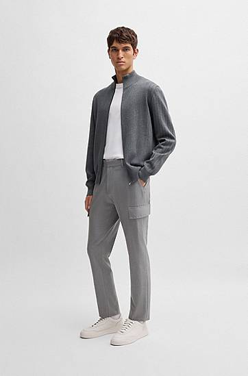 Sveter BOSS Pinstripe Knit Zip Cardigan Šedá | 50534403, 1