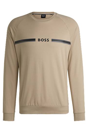 Sveter BOSS BOSS Cotton-Terry Sweatshirt with Logo Print Béžová | 50535780