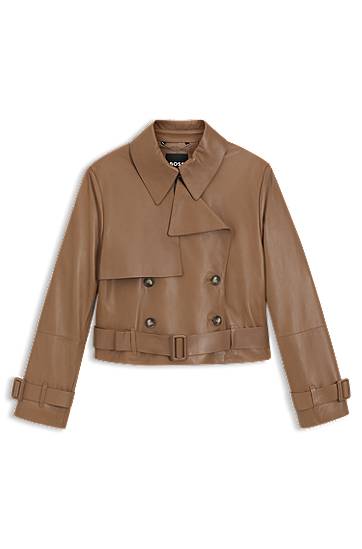 Bunda BOSS Leather Trench Jacket with Tie Belt Hnedá | 50541289, 0