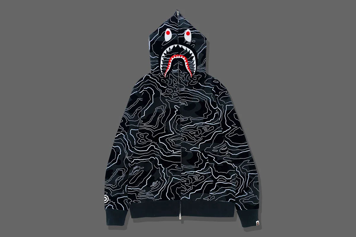 Bape Layered Line Camo Shark Full Zip Hoodie Black